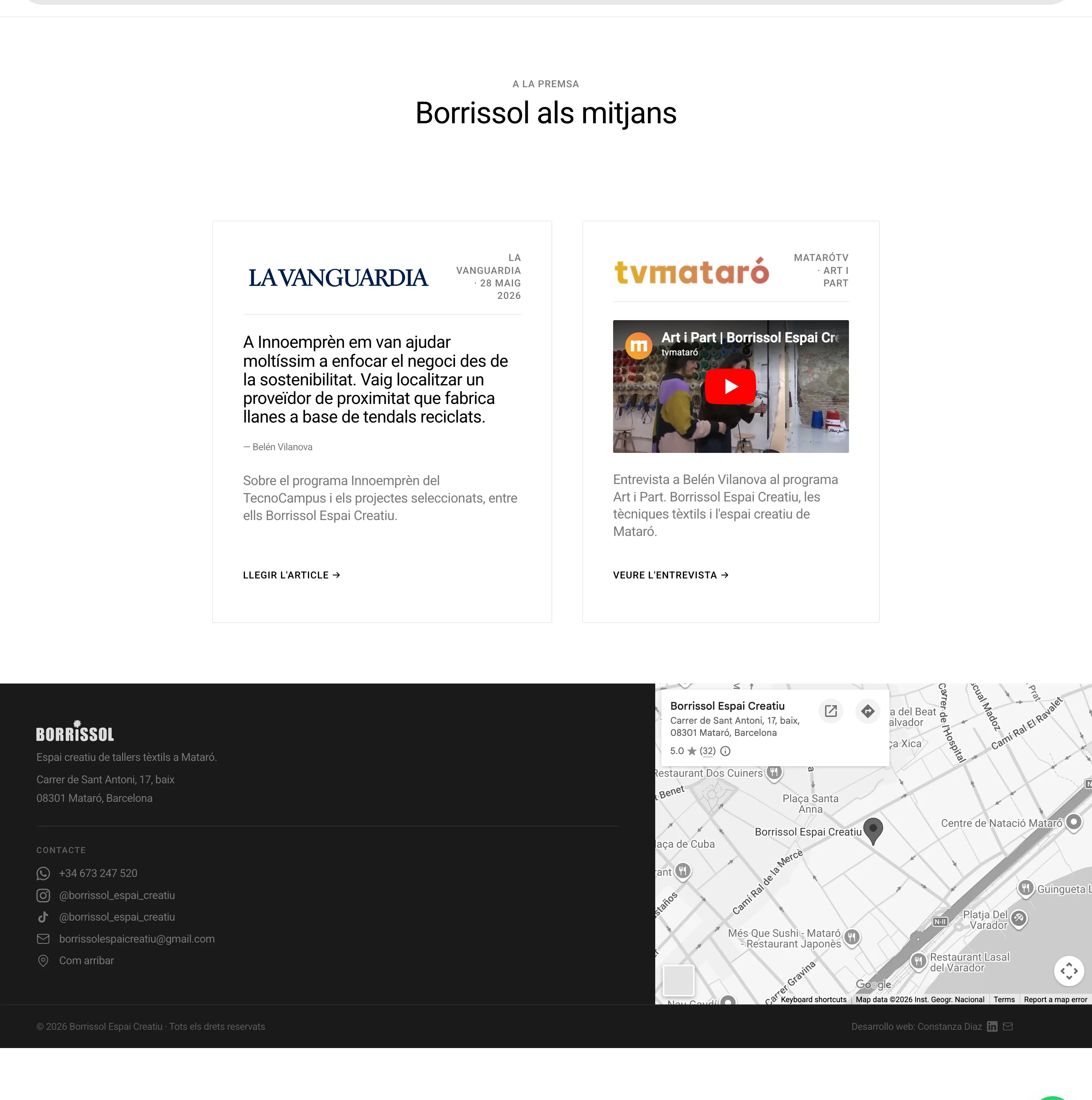 Borrissol's press section — features from La Vanguardia and a TV Mataró interview embedded