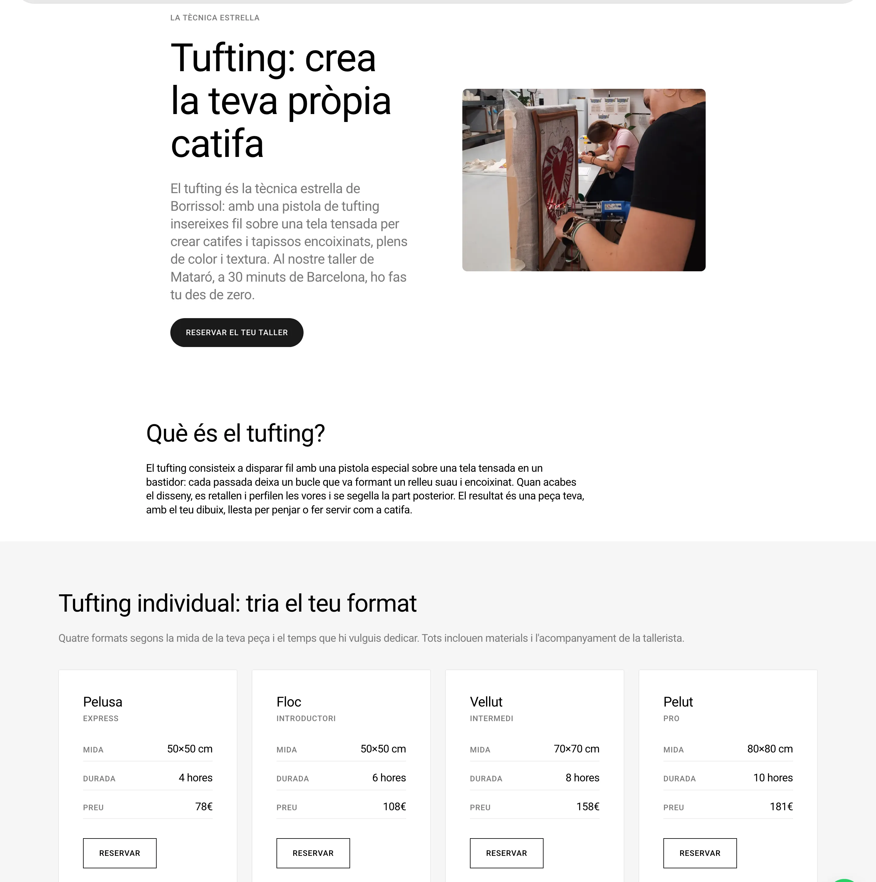 A Borrissol workshop landing page — the tufting technique with its four formats and prices